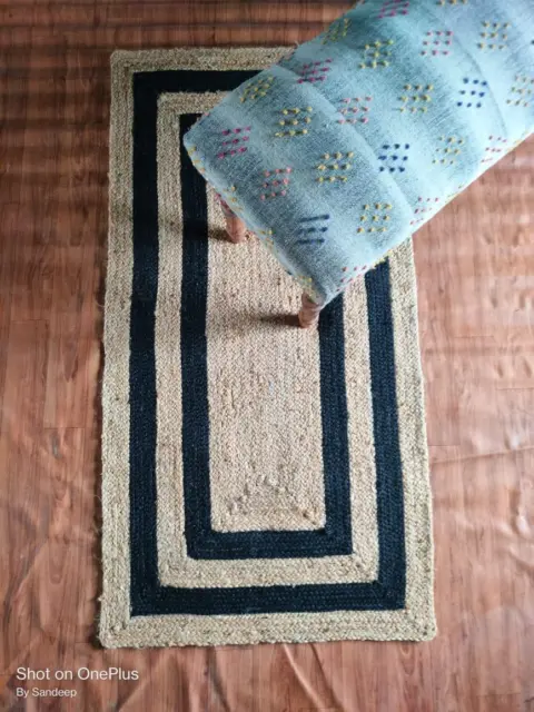 Geometric Art Deco Area Jute Braided Rugs 4 x 6 Feet Beige Indian Carpet