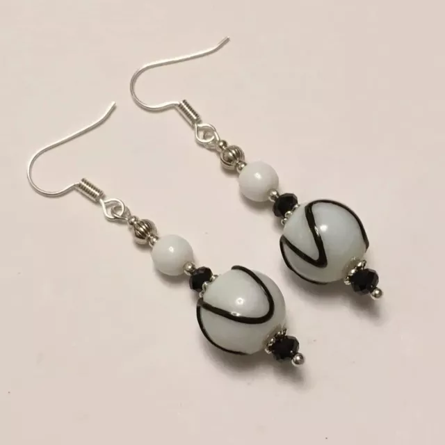 Vintage Style 1950s Black And White Bead Earrings In New Silver plate.Handmade