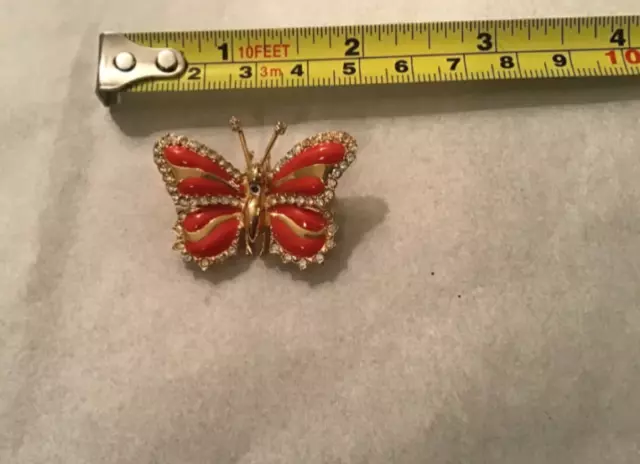 St John Knit Gold Tone. Orange Enamel Butterfly Pin/Brooch. Swarovski.