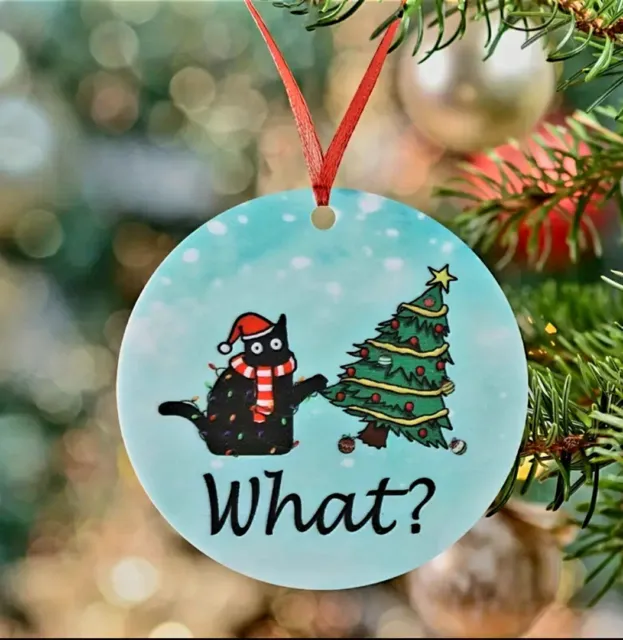 Cute Christmas Black Cat With "What?" Acrylic Xmas Tree  Ornament Decoration