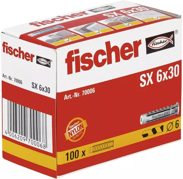 Fischer Caja 100 tacos nylon SX Ø6x30 mm,pared,hormigón,ladrillo,aglomerado,yeso