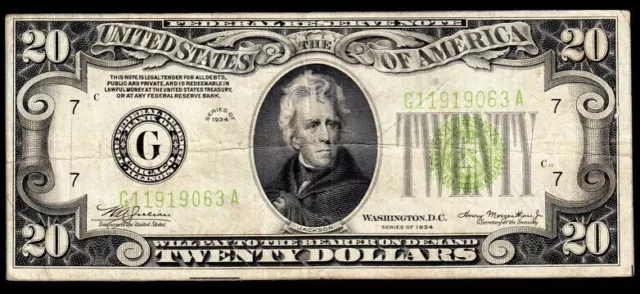 1934 Chicago $20 LGS (Lime Green seal) Federal Reserve Note VF Net