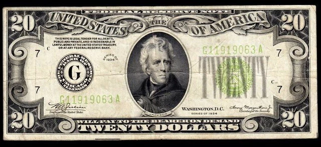 1934 Chicago $20 LGS (Lime Green seal) Federal Reserve Note VF Net