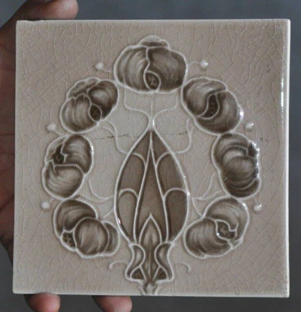 4 Pc Vintage Majolica Flower Embossed Decorative Art Ceramic Tiles , England 5