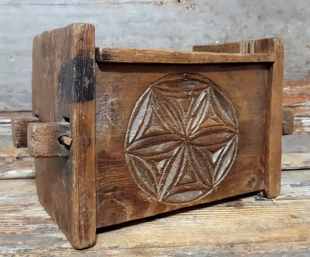 Chest primitive rosette wood carving box Antique french architectural salvage