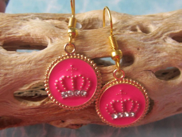 Fushia Crystal Crown Hook Dangle Earrings