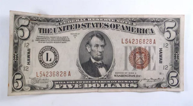 HAWAII 1934A $5 Federal Reserve Note. Over print US bill, Brown seal.