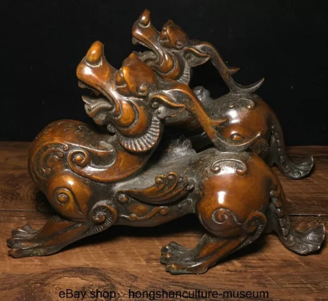 12 " Ancient China Bronze Fengshui Animal Pixiu Beast Wealth Bixie Statue Pair