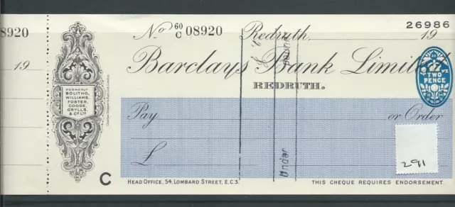 wbc. - CHEQUE - CH291 - UNUSED -1934 - BARCLAYS BANK, REDRUTH + c'foil