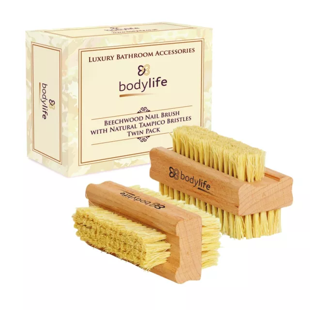 Bodylife Wooden Nail Brush Beechwood & Natural Cactus Tampico Bristles 20 Packs