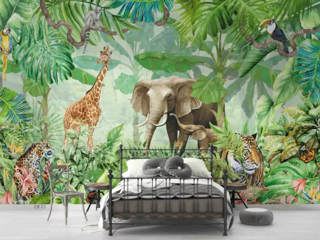 3D Tropical Jungle AnimalS Elephant Wallpaper Wall Murals Removable 333--JN