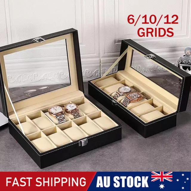 6/10/12 Grids Leather Watch Box Organizer Case Jewelry Display Storage Showcase