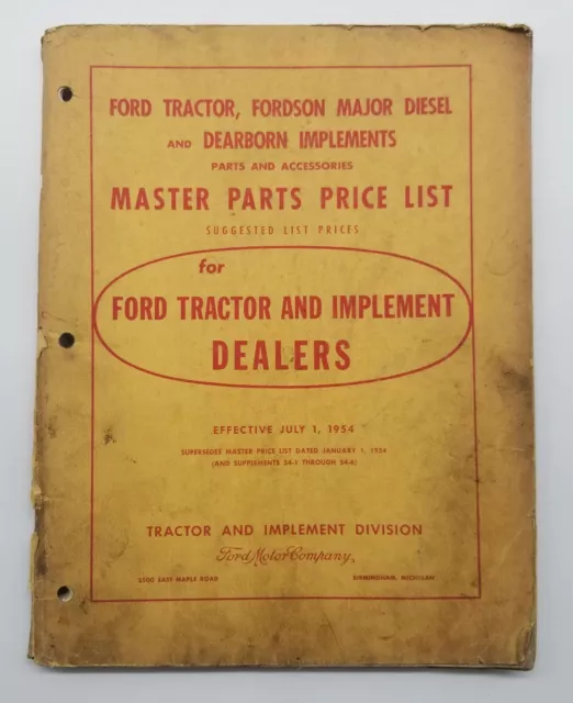 1954 Ford Tractor & Implement Dealers Master Parts Price List Book Catalog