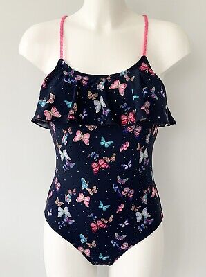 Girls Primark Navy Blue Pink Butterfly Print Frill Swimsuit Age 9 - 10 Years