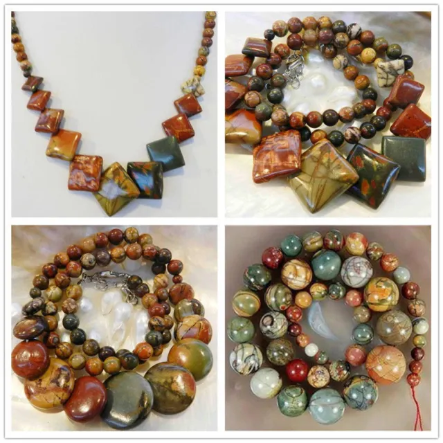 Natural 6-14mm Multicolor Picasso Jasper Round Beads Necklace 18 Inches