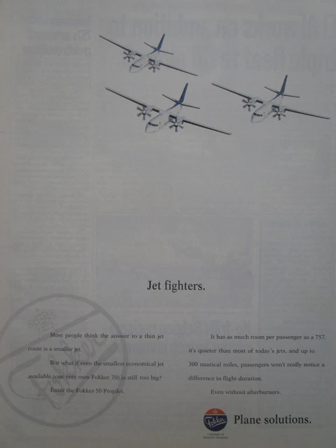 11/1994 Pub Fokker Aircraft Deutsche Aerospace Fokker 50 70 Airliner Original Ad