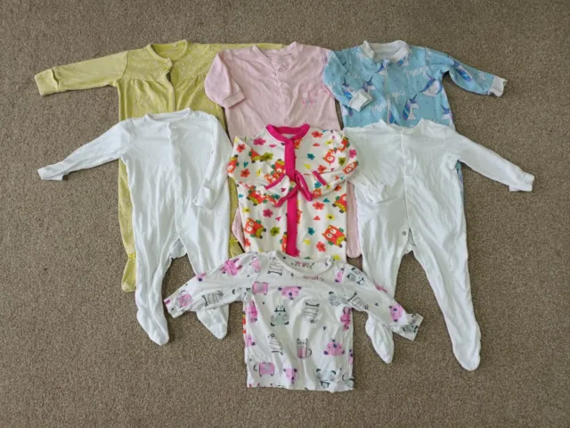 Baby Girls Bundle Of 7 Items Babygrows Tops 3-6 Months Sleepsuits