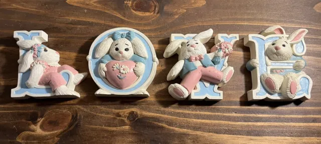 Vintage 1992 Burwood LOVE Wall Decor Nursery Kids Bunny Rabbits Easter USA Made