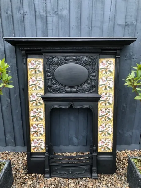 A Superb Victorian Antique Cast Iron Tiled Mantle Fireplace