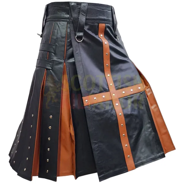 Handmade Black With Orange Leather Hybrid Kilt Utility Kilt For Men Custom Kilts
