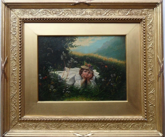 Very Fine Original Early 19Th Century Oil On Canvas Girl Lying In Flower Meadow