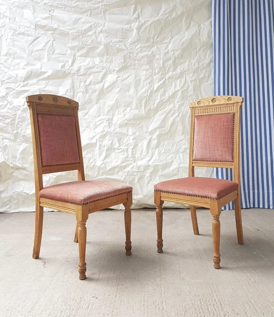 Vtg Antique Restored Pair Set Of 2 Bleached Oak Side Dining Chairs #2180