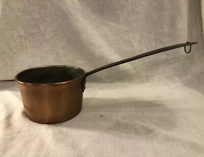 Antique Hand Forged Copper/Wrought Iron Pot W/Long Handle 5 1/4” X 14 3/4”
