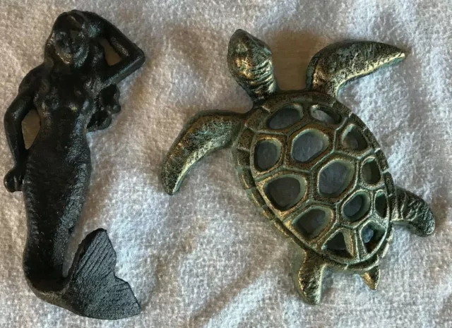 RUSTIC CAST IRON NAUTICAL MERMAID/ SEA TURTLE HOOK BEACH TOWEL HANGER Coast NEW
