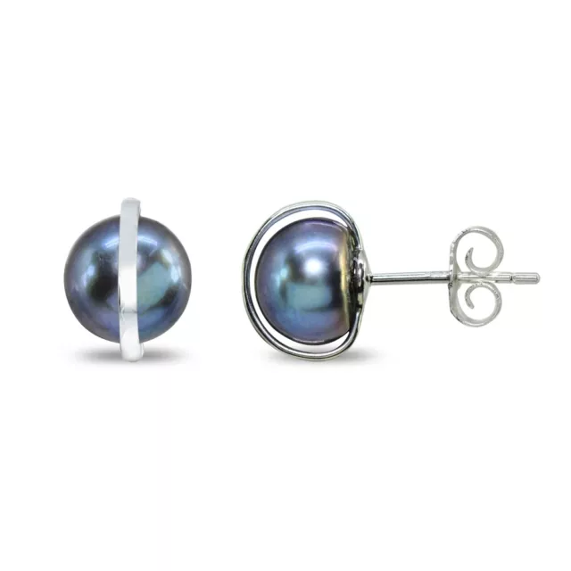Peacock Cultured Freshwater Button Pearl Sterling Silver Planet Stud Earrings