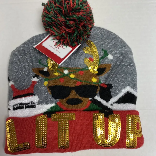 Mens Gray & Red Sequin Lit Up Reindeer & Santa Christmas Holiday Beanie Hat