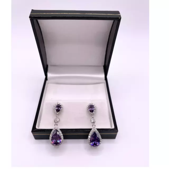 WHITE GOLD FINISH Purple Amethyst pear cut created diamonds droplet earrings