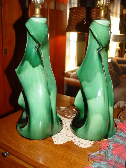 MCM Abstract green ceramic table lamp pair - 1950s 4