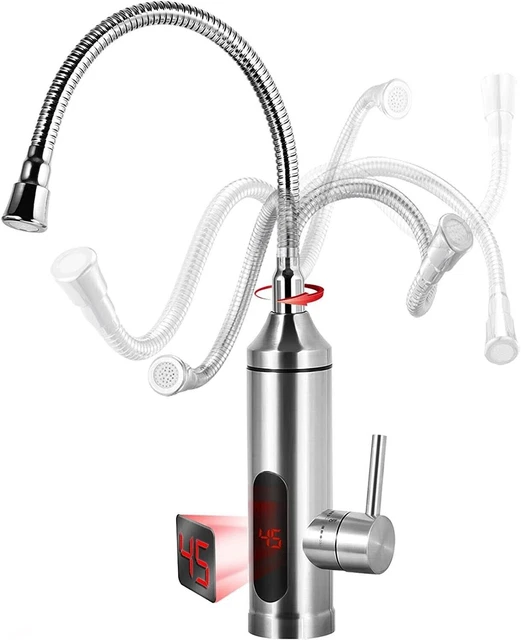 Rubinetto Elettrico Con Scaldabagno Istantaneo 220V 3000W, Acqua Calda In 5 Secondi, Display LED E Rotazione 360°, Per Cucina, Bagno, Giardino E Campeggio