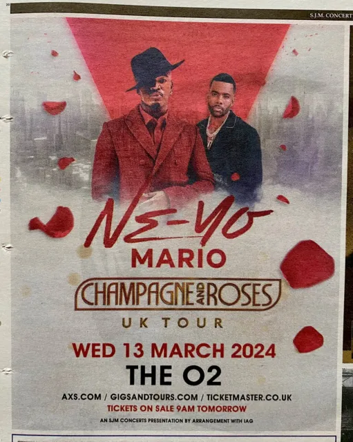 Ne-Yo Mario Tour Dates Ad 2024 Champagne Roses Newspap Mini Clipping Advert 7x5”