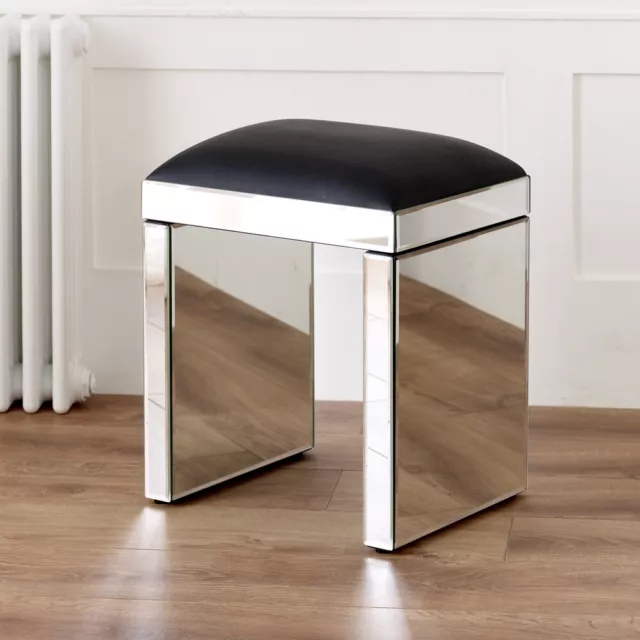 Venetian Mirrored Stool with Black Seat Pad - Glass Dressing Table - VEN05B