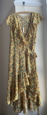 Max Studio, Yellow Floral, Frill, Tie Wrap Dress Size XL   16-18, Midi/Long BNWT