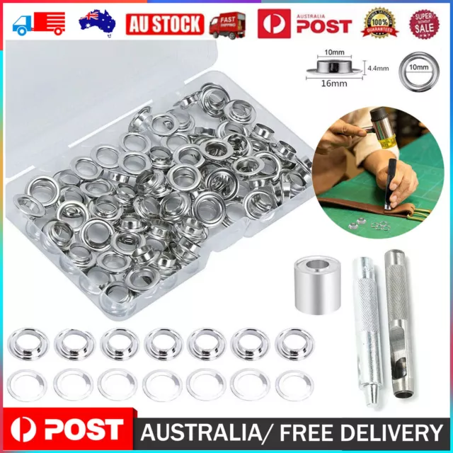 100x Silver Leather Craft Ring Eyelets+Die Punch Grommet Tool Die Punch Kit 10mm