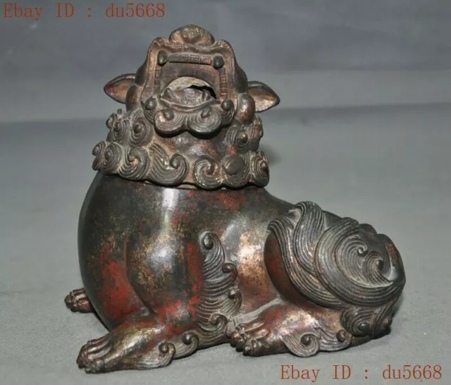 6"Marked Old Chinese Bronze Gilt Lion Foo dog beast statue Incense burner Censer