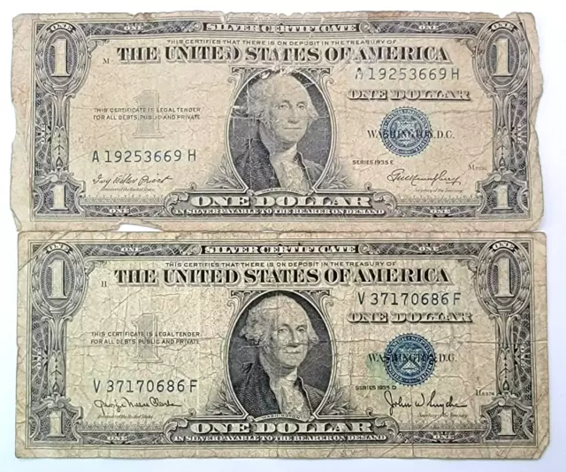 $1 1935 D&E FR1613N/FR1614 Lot of 2 VG You Grade it! Godless Silver Certificate