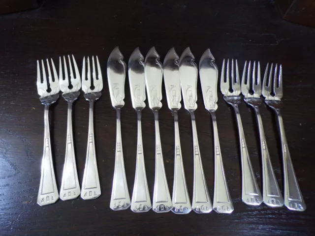 GK geometrischer Jugendstil tolles Fischbesteck 6 Personen 12 Teile Silber 90er