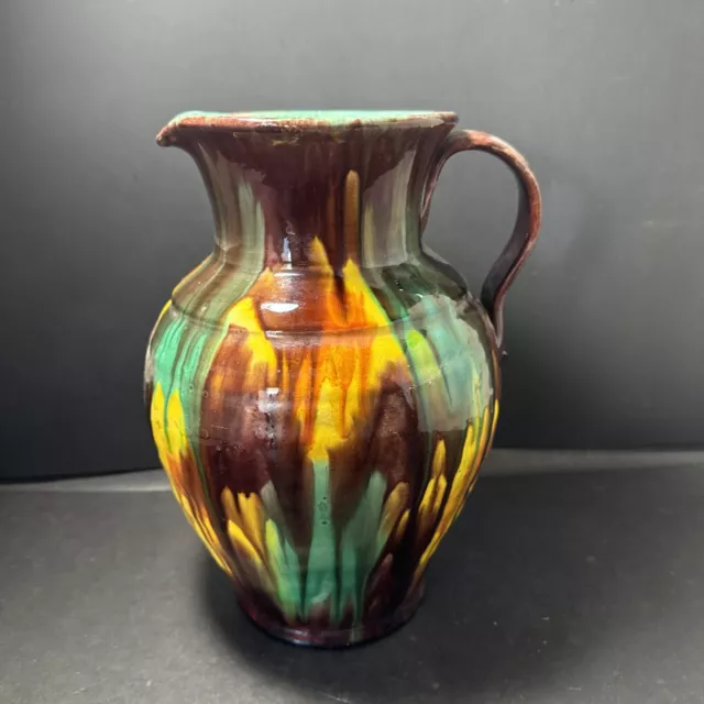 Hand Throw Green Drip Pottery Handled Large Water Jug Vessel 11” Tall
