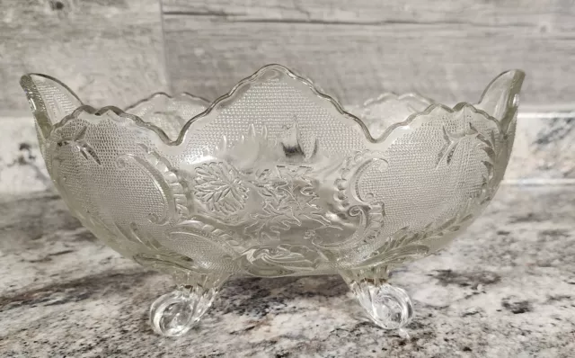 Vintage glass Fruit Serving Bowl dish clear footed cut oval large 10 x 4.5