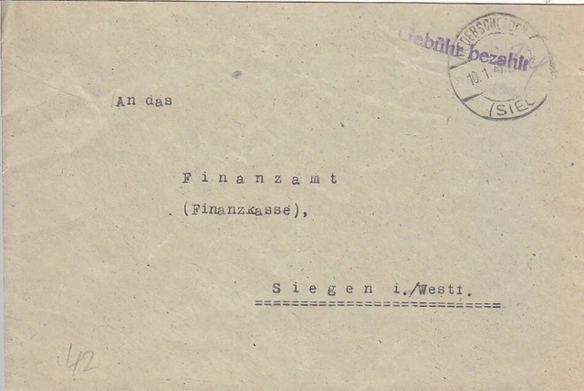 F.Zone - NIEDERSCHELDEN   (SIEG)  - Gebühr bezahlt - Brief - 1947