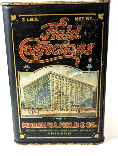 RARE Antique Marshall Field CHICAGO Field Confections Candy Tin 3 Lbs. GREAT!
