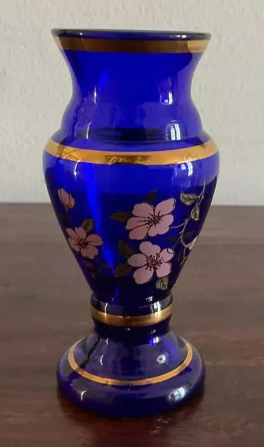 Beautiful Vintage Small Cobalt Blue And Gold Bud Vase