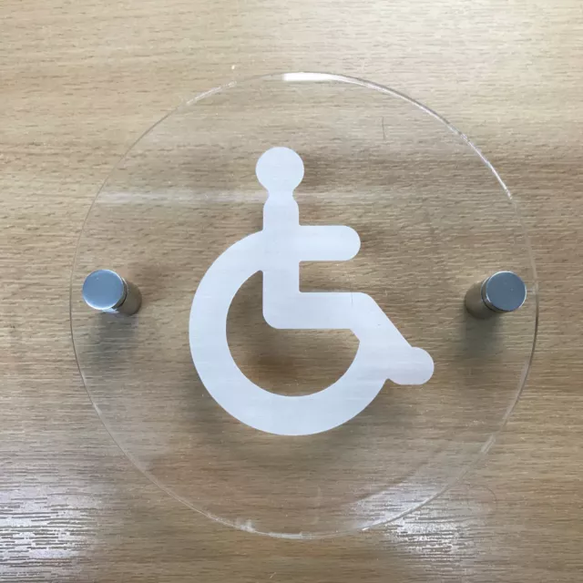 Round Engraved Disabled Toilet Sign, Clear Gloss Acrylic Finish & Chrome Fixings