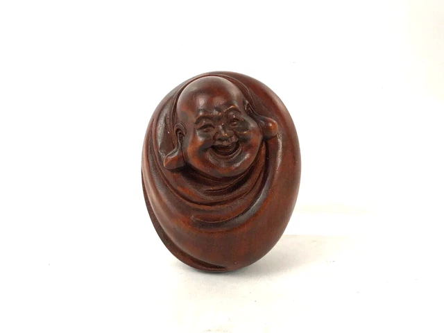 Japanese Wooden Boxwood Netsuke Hand Carved Round Buddha Monk NOS 1 7/8"