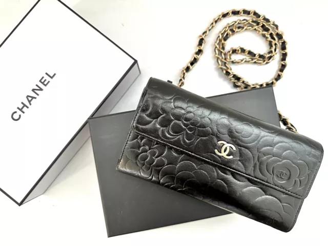 Chanel Cambon Line Chain Wallet Bifold Long Leather Enamel Black
