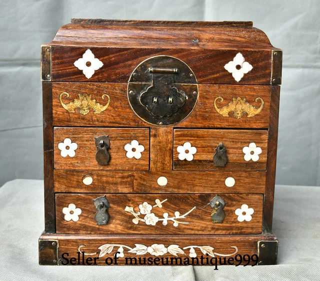 10" China Old Huanghuali Wood Inlay Shell Dynasty jewelry cabinet cupboard chest