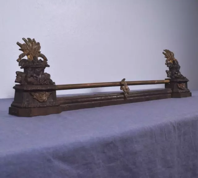 Antique French Neoclassical Iron and Bronze Chenet Andirons Fireplace w/Wheat